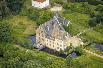Aerial view, Schloss Höllinghofen moated castle with forest, Voßwinkel, Arnsberg, Ruhr area, North