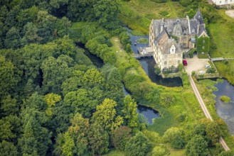 Aerial view, Schloss Höllinghofen moated castle with forest, Voßwinkel, Arnsberg, Ruhr area, North
