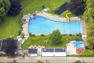 Aerial view, outdoor swimming pool Neheim and bathers on the lawn, Neheim, Arnsberg, Ruhr area,