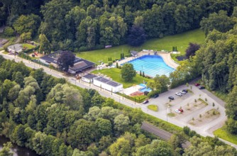 Aerial view, outdoor swimming pool Neheim and bathers on the lawn, Neheim, Arnsberg, Ruhr area,