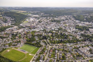 Aerial view, residential area, local view district Neheim, with sports centre Binnerfeld football