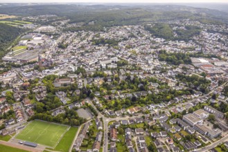 Aerial view, residential area, local view, district Neheim with sports centre Binnerfeld football