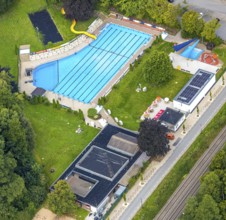 Aerial view, outdoor swimming pool Neheim and bathers on the lawn, Neheim, Arnsberg, Ruhr area,