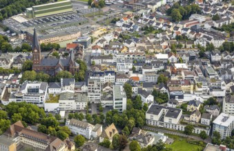 Aerial view, city centre view with cathedral of Neheim St. Johannes-Baptist, Neheim, Arnsberg, Ruhr