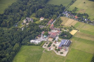 Aerial view, agricultural business Parkpferde Höllinghofen, Schloss Höllinghofen moated castle,