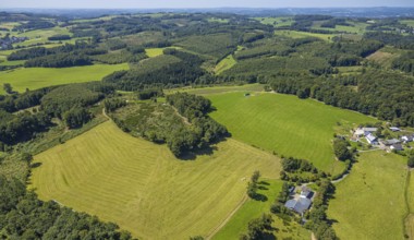 Aerial view, Dirkingen hilly landscape with forest and meadows, Iseringhausen, Drolshagen,