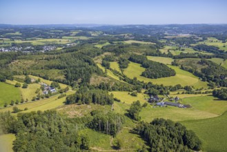 Aerial view, forest area and hilly landscape with meadows and fields, Iseringhausen, Drolshagen,