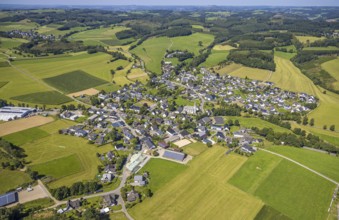Aerial view, residential area, local view, Iseringhausen district and hilly landscape,