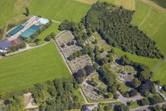 Aerial view, cemetery Drolshagen burial ground, Drolshagen, Sauerland, North Rhine-Westphalia,