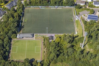 Aerial view, sports facility sports park Am Buscheid with football stadium, Drolshagen, Sauerland,