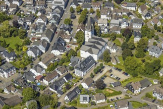 Aerial view, view of the town with St. Clemens Church and Old Monastery Drolshagen, Drolshagen,