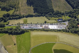 Aerial view, Raiffeisen Sauer-Siegerland market and petrol station Drolshagen, Drolshagen,