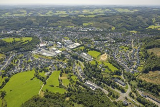 Aerial view, residential area, view of Drolshagen and wooded area and hilly landscape, commercial