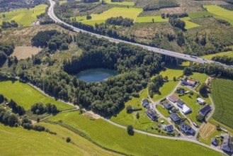 Aerial view, lake in the forest near Lüdespert on the A45 motorway, Bleche, Drolshagen, Sauerland,