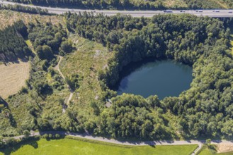 Aerial view, lake in the forest near Lüdespert on the A45 motorway, Bleche, Drolshagen, Sauerland,