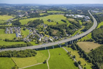 Aerial view, residential area, local view, Schlade district, motorway A45, Scheda, Drolshagen,