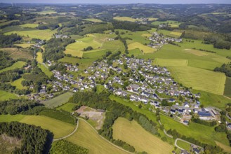 Aerial view, residential area, view of Schreibershof district in hilly landscape, Schreibershof,