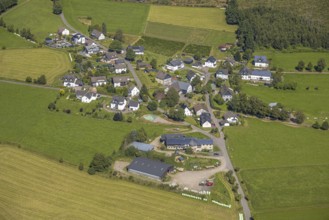 Aerial view, residential area, view of Schreibershof district in hilly landscape, Schreibershof,