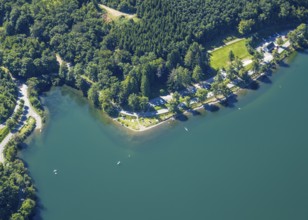 Aerial view, Listertalsperre with shore path Kalberschnacke, bay with forest area and bathing