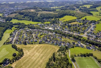 Aerial view, residential area, view of Hützemert district, forest area with forest damage and hilly