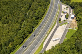 Aerial view, construction site with new rest area and car park Neuenschmiede on the A45 motorway,