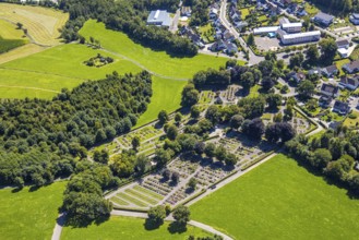 Aerial view, cemetery Drolshagen cemetery and green trees, Drolshagen, Sauerland, North