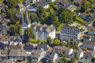 Aerial view, view of the town with St. Clemens-Kirche und Altes Kloster Drolshagen, Drolshagen,