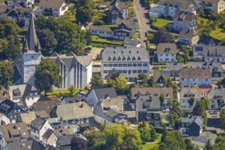 Aerial view, view of the town with St. Clemens-Kirche und Altes Kloster Drolshagen, Drolshagen,