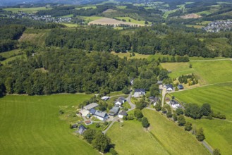 Aerial view, housing estate Dirkingen at the edge of the forest with hilly landscape,