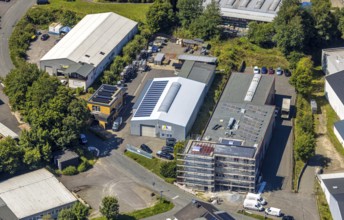 Aerial view, commercial area Unterm Gallenlöh with MAS GmbH construction site and scaffolding and
