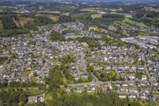 Aerial view, residential area local view Drolshagen with commercial area Bahnhofstraße, hilly