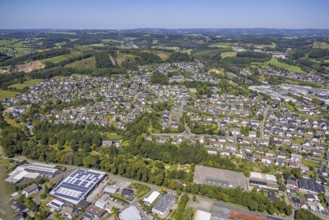 Aerial view, residential area local view Drolshagen with commercial area Bahnhofstraße, hilly