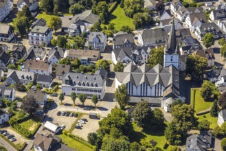 Aerial view, view of the town with St. Clemens-Kirche und Altes Kloster Drolshagen, Drolshagen,