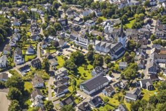 Aerial view, view of the town with St. Clemens-Kirche und Altes Kloster Drolshagen, Drolshagen,
