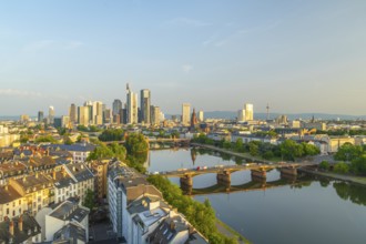 Frankfurt City Skyline, Residential Buildings, Bridges and Main River on Sunny Morning. Wide Shot.