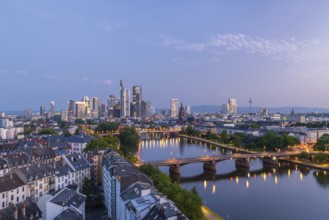 Illuminated Frankfurt City Downtown, Residential Buildings, Bridges and Main River at Morning