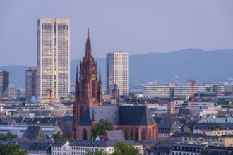 Frankfurt Cathedral, Residential Buildings and City at Morning Twilight. Aerial View. Blue Hour.