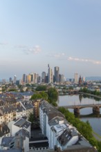 Frankfurt City Downtown, Residential Buildings, Bridges and Main River at Sunrise. Wide Shot.