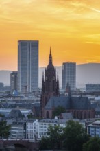 Frankfurt Cathedral, Residential Buildings and City at Fiery Sunset. Gothic Church. Aerial View.