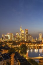 Illuminated Frankfurt City Skyline, Residential Buildings, Bridges and Main River at Night. Wide