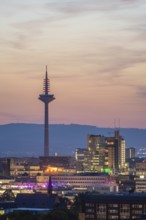 FRANKFURT, GERMANY, JUNE 12, 2025: Illuminated Europaturm Telecommunications Tower in Frankfurt