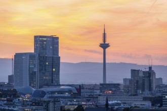 FRANKFURT, GERMANY, JUNE 12, 2025: Europaturm Telecommunications Tower in Frankfurt City at Fiery