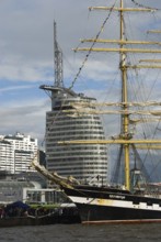The Russian Kruzenstern in front of the skyline of Bremerhaven, harbour of Bremerhaven,