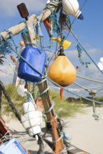 Works of art made from rubbish washed up from the sea in the dune landscape of the North Frisian