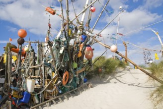 Works of art made from rubbish washed up from the sea in the dune landscape of the North Frisian