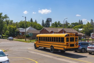 Classic yellow school bus driving away from an intersection in a quiet residential area, marking