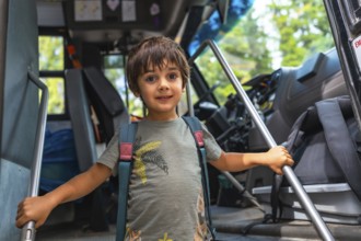 Happy preschool student entering a school bus, gripping the handrail with excitement, embracing the