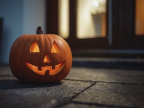 A carved, glowing pumpkin with a smiling face stands on a wall in front of a house at night,