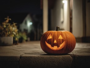 A carved, glowing pumpkin with a smiling face stands on a wall in front of a house at night,
