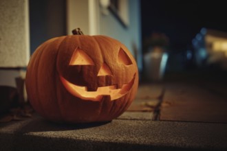 A carved, glowing pumpkin with a smiling face stands on a wall in front of a house at night,
